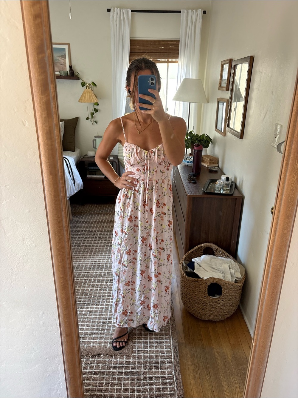 Lulu's Light Pink Floral Maxi Dress with Spaghetti Straps